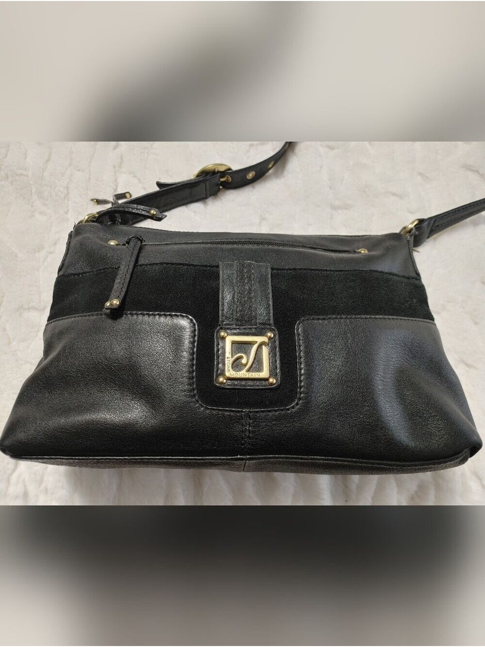 Stone Mountain Accessories Black Leather/Suede Shoulder Bag with Brass Accent